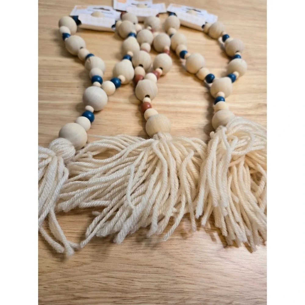 Perfect Harvest Wood Decor Beads Farmhouse Garland Blue Orange Tassel Set of 3